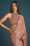 Itrh Peach crystal pre-stitched sari set Online Shopping