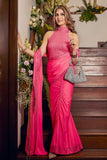 Itrh Neon pink crystal ruched skirt sari set Online Shopping