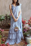 Monica and Karishma Petal blue ruffled chiffon sari set Online Shopping