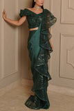 Kamaali Couture Emerald green concept sari Online Shopping