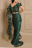 Kamaali Couture Emerald green concept sari Online Shopping