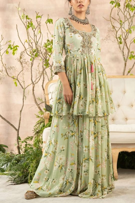 Kalista Mint green floral gharara set Online Shopping