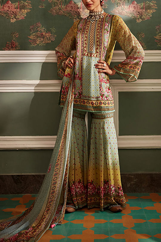 Kalista Aqua and yellow gharara set Online Shopping