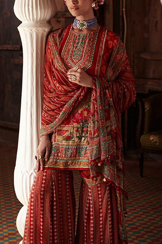 Kalista Red embroidered gharara set Online Shopping