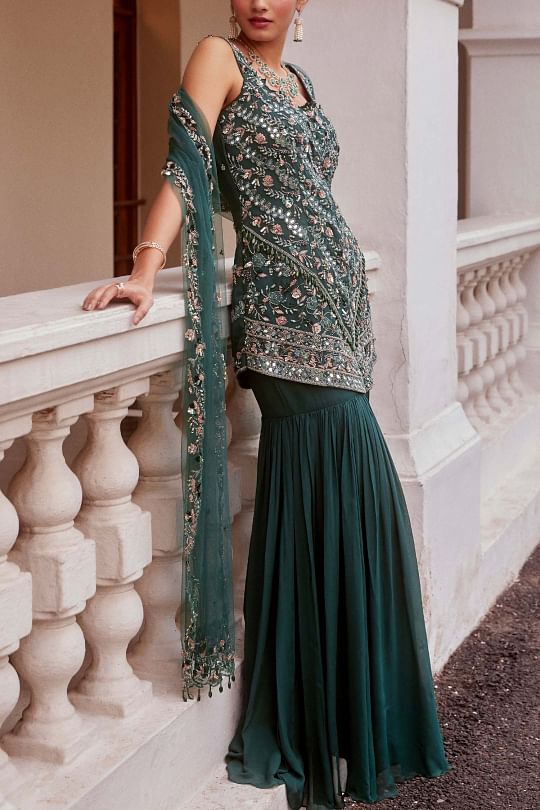 Sanya Gulati Teal embroidered shirt and sharara set Online Shopping