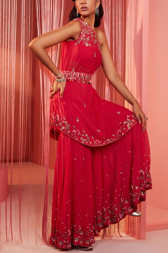 Sanya Gulati Coral red one shoulder kurta and sharara set Online Shopping