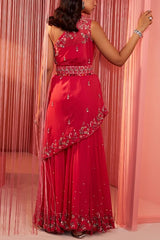 Sanya Gulati Coral red one shoulder kurta and sharara set Online Shopping