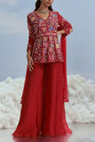 Nachiket Barve Red floral embroidery peplum sharara set Online Shopping