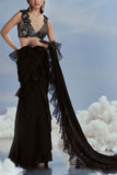 Nachiket Barve Black pre-draped ruffle sari set Online Shopping