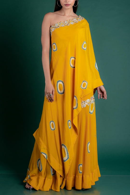 Nupur Kanoi Mustard one shoulder cape and gharara Online Shopping