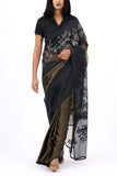 Peachoo Khaki and black organza satin embroidered sari Online Shopping