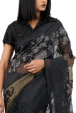 Peachoo Khaki and black organza satin embroidered sari Online Shopping