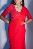 Prémya by Manishii Red draped georgette sari set Online Shopping