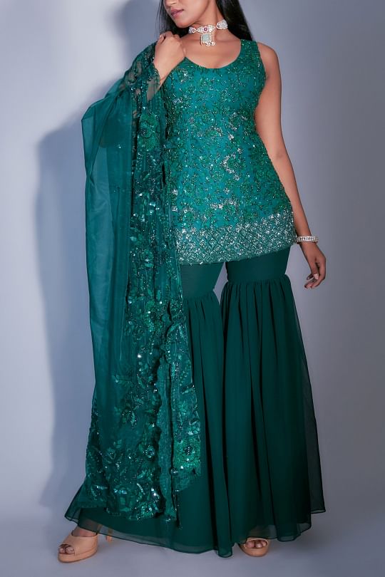 Prémya by Manishii Green embroidered sharara set Online Shopping