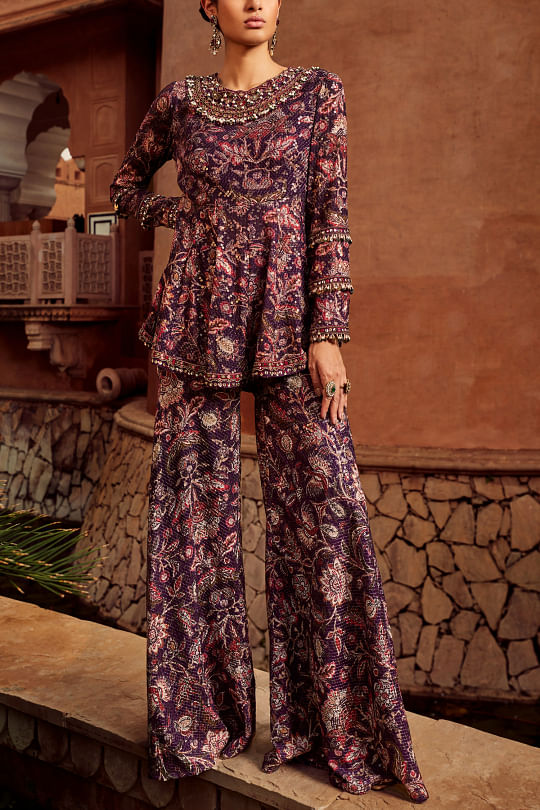 Ridhima Bhasin Purple printed peplum and sharara set Online Shopping