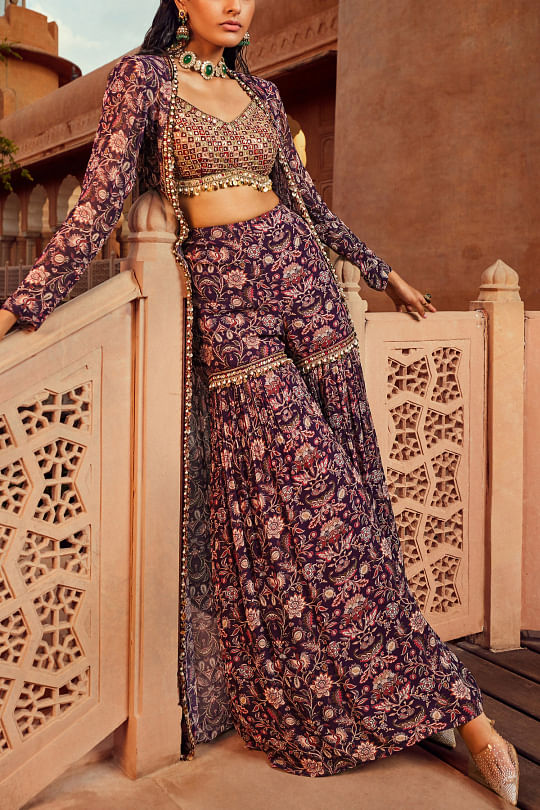 Ridhima Bhasin Purple printed jacket and sharara set Online Shopping