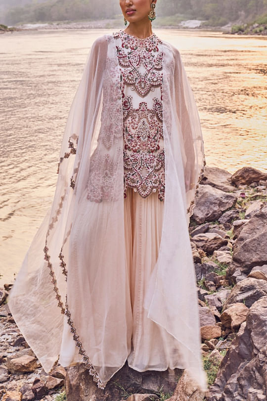 Ridhima Bhasin Ivory paisley embroidered cape kurta and sharara Online Shopping