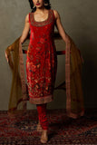 Ritu Kumar Red and olive floral embroidered kurta set Online Shopping