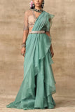 Ridhi Mehra Teal and gold ruffle sari Online Shopping