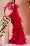 Ridhi Mehra Fuschia draped ruffle sari set Online Shopping