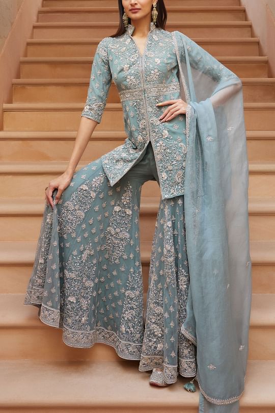 Sana Barreja Ice blue jacket and gharara set Online Shopping