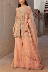 Sana Barreja Peach embroidered jacket and gharara set Online Shopping