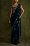 Sanya Gulati Turquoise zari embroidered pre-draped sari set Online Shopping