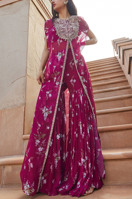 Sana Barreja Fuschia printed kaftan and gharara Online Shopping