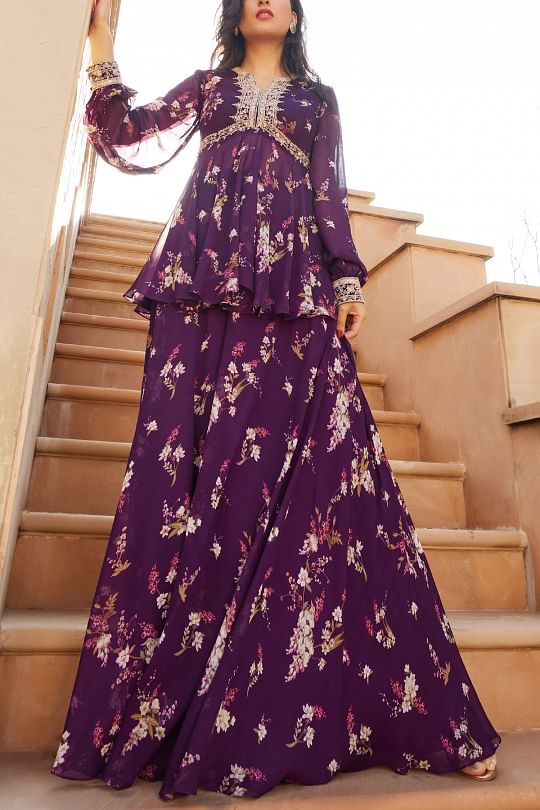 Sana Barreja Purple printed peplum and sharara set Online Shopping