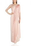 Sana Barreja Champagne fringed jersey sari with attached blouse Online Shopping