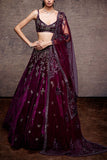 Sawan Gandhi Wine embellished velvet lehenga set Online Shopping