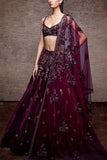 Sawan Gandhi Wine embellished velvet lehenga set Online Shopping