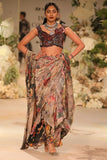 Varun Bahl Black floral printed pre-draped sari set Online Shopping