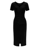 Women V Neck Slit Ruched Velvet Bodycon Party Work Dress | Original Brand | Women's Cocktail Dresses