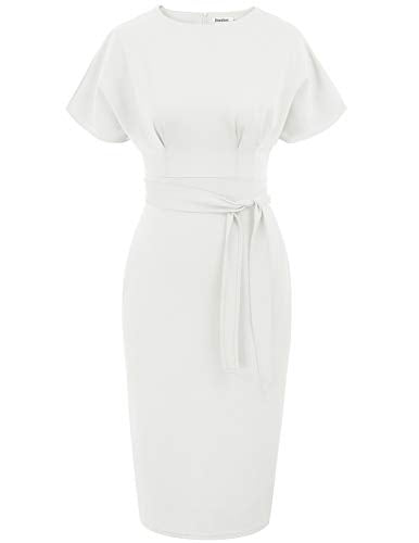 White Women's Bodycon Pencil Dress Office Wear To Work Dresses With Pocket Belt Jasambac