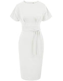 White Women's Bodycon Pencil Dress Office Wear To Work Dresses With Pocket Belt Jasambac | Women's Work Dresses
