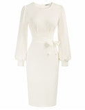 White Long Sleeve Women's Bodycon Pencil Dress Office Wear To Work Dresses With Pocket Belt Jasambac | Women's Work Dresses
