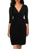 Women's Classic 4-Mar Sleeve V Neck Sheath Casual Party Work Faux Black Wrap Dress | Women's Work Dresses