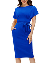 Royal Blue Short Sleeve Women's Bodycon Pencil Dress Office Wear to Work Dresses with Pocket Belt - JASAMBAC