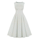 Women's Pleated Details High Waist Polka Dots Tea Length Vintage Dress