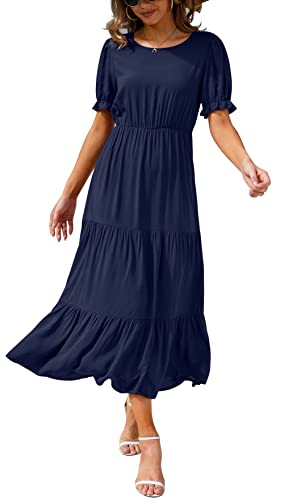 Navy Blue Summer Midi Dress Floral Print Boho Dress Ruffle Puff Sleeve High Waist A-Line Casual Boho Cocktail Holiday Beach Long Dress - GRECERELLE