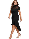 Women's Plus Size Elegant Mesh Frill Ruffle Round Neck Pencil Party Cocktail Dress | Women's Work Dresses
