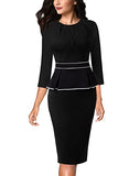 Black With White Piping Womens Pleated Crew Neck Peplum Wear To Work Office Sheath Dress Vfshow | Women's Work Dresses