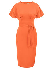 Orange Women's Bodycon Pencil Dress Office Wear To Work Dresses With Pocket Belt Jasambac