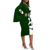 Women Bodycon Pencil Midi Dress Patchwork Long Flared Sleeve Print Round Neck Work Dress Elegant Stitching Office Dress | Women's Work Dresses