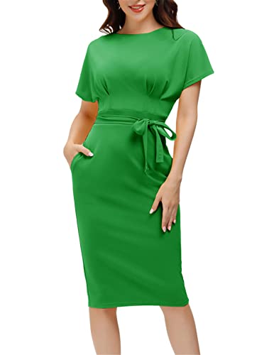 Green Women's Bodycon Pencil Dress Office Wear to Work Dresses with Pocket Belt - JASAMBAC