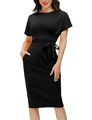 Black Plus Women's Bodycon Pencil Dress Office Wear To Work Dresses With Pocket Belt Jasambac