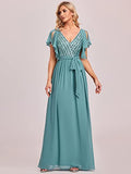 Women's Floor-Length A-line V Neck Appliques Ruffle Chiffon Bridesmaid Dresses  - Sara Clothes