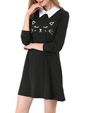 Women's Cat Face Printed Contrast Collar Flare Mini Dress | Original Brand