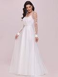Womens V Neck Long Sleeve Tulle A Line Simple Wedding Dress  - Sara Clothes
